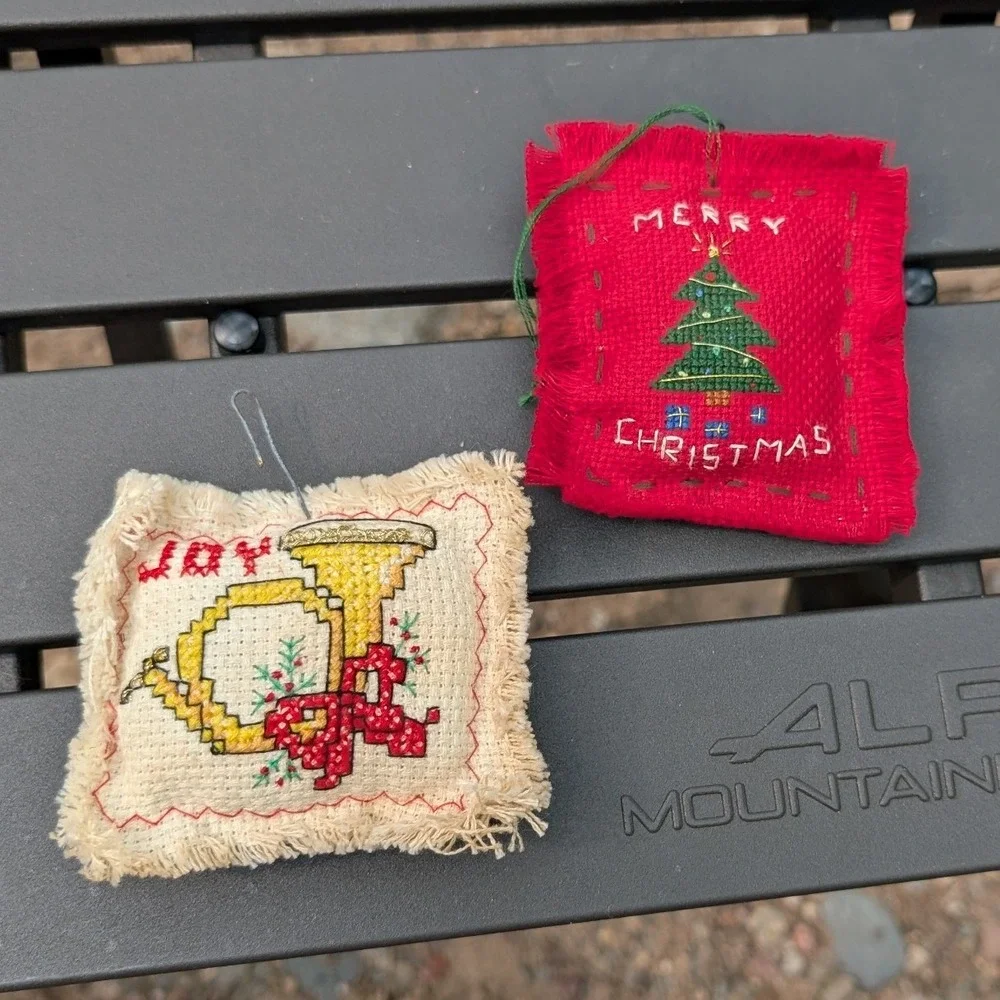 Handmade Cross Stitch Christmas Ornaments 2pc Vintage Tree Joy Red Cream 3in